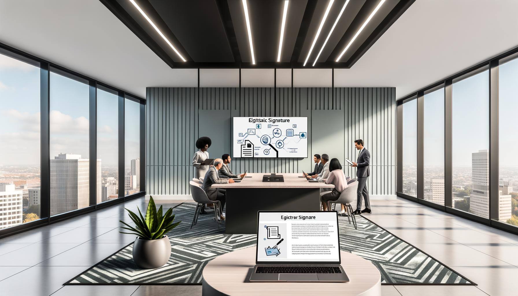 The image manifests a contemporary office patterned with a clean, minimalist design. The central focus is on a diverse group of professionals - a blac